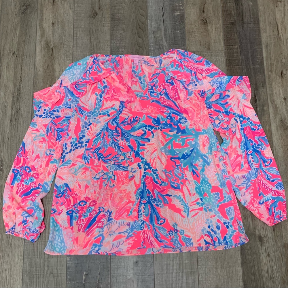 Lilly Pulitzer Pascha Pink Aquadesiac Elora Ruffle Top Size Sm